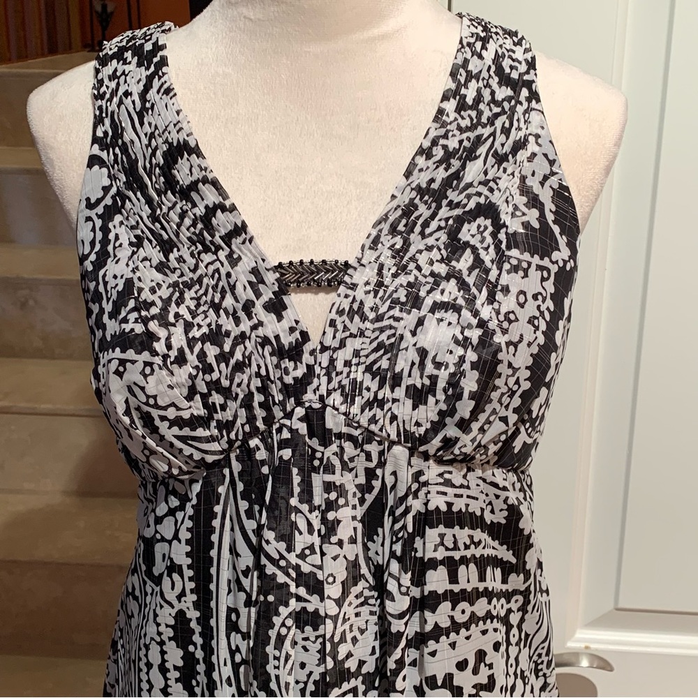 OLEG CASSINI. Black and white floral maxi dress with silver strands‎ all …